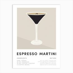 a poster with the words espresso martini in black, white and brown on it