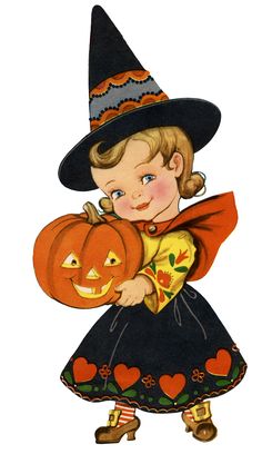 Retro Halloween Girl Image a sweet little girl wearing a Witch Costume and holding a happy looking Jack-O-Lantern Pumpkin. I love the little Pennsylvania Dutch designs on her costume. This one was scanned from a 1951 Coloring Book cover.  So nice to use in your Halloween Designs, Crafts or Collage Projects! Free Halloween Pictures, Vintage Halloween Printables, Vintage Halloween Cards, Dulces Halloween, Vintage Halloween Images, Image Halloween, Carte Halloween, Halloween Clips, Witch Halloween Costume