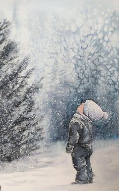 a painting of a boy standing in the snow with his back turned to the camera