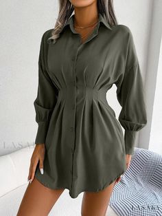 Lasaky - Asymmetric Waist Cinched Lantern Sleeve Shirt Dress Short Shirt Dress, Pleated Shirt Dress, Dress Asymmetrical, Asymmetric Dress, Pleated Shirt, Lantern Sleeve Dress, Jumpsuit Outfit, Mini Robes, Dress Shirt Sleeves