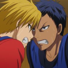 two young men with blonde hair and blue shirts are facing each other