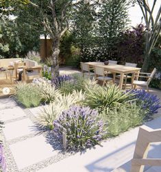 an outdoor garden with tables and chairs