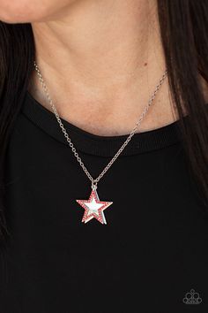 A red rhinestone encrusted silver star delicately overlaps with a shiny silver star below the collar, creating a sparkly patriotic pendant. Features an adjustable clasp closure.

Sold as one individual necklace. Includes one pair of matching earrings. Happy Jewelry, Star Necklace Silver, Bling Necklace, Red Necklace, Paparazzi Accessories, White Rhinestone, Red Rhinestone, Affordable Jewelry, Paparazzi Jewelry