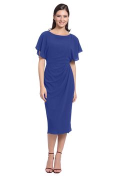 Julietta is a classic boat neck midi with large dolman sleeves and a faux wrap skirt. Missy Dresses, Below The Knee Skirt, Faux Wrap Skirt, Maggy London, Ladies Of London, Flutter Sleeve Dress, Sleeve Midi Dress, Midi Dress With Sleeves, Curve Dresses