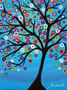 a painting of a tree with circles painted on it