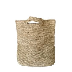 a large jute bag with handles on the front and side, in natural colors