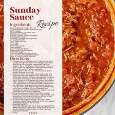 the recipe for sunday sauce is shown in an image above it's accompanying information