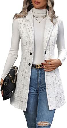 Long White Vest Outfits For Women, Fashion Vest Womens, Long Vest Outfits For Women Casual, Blazers Outfits For Women, Cardigan Business Casual, Suit Vest Outfits, Blazers Outfits, Long Vest Jacket, Womens Plaid Blazer