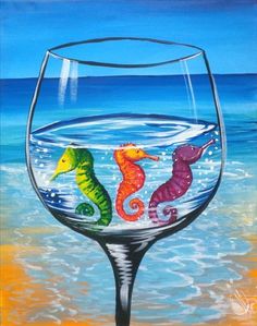 a painting of seahorses in a wine glass on the beach