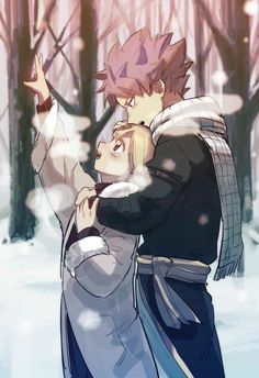 two anime characters hugging in the snow with trees behind them and one holding his arm around the other