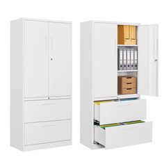 two white cabinets with drawers and files in them