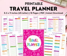 the printable travel planner is on top of a pink desk