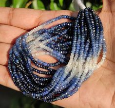 a hand holding several blue and white beads in it's left palm, next to some green plants