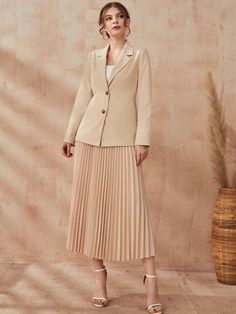 SHEIN Modely Button Front Blazer & Pleated Skirt | SHEIN USA Suit With Pleated Skirt, Blazer Long Skirt Outfit, Long Skirt And Blazer Outfit, Long Skirt With Blazer, Blazer With Pleated Skirt, Blazer Long Skirt, Grad Saree, Formal Work Outfit, Blazer And Skirt Outfits