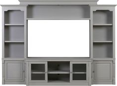 an entertainment center with shelves and a large white screen on the back wall, against a white background