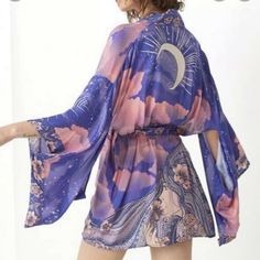 Brand New Lowest Price On Posh Limited Quantities - 1 Of Each Size Stocked Unbranded But Similar To Spell & Free People Rayon Smoke Free Home Gorgeous Celestial Themed Short Kimono / Robe / Wrap / Coverup Check Out My Closet For Outfits Perfect For: Beach Beachy Birthday Blogger Boho Bohemian Bridal Caftan Chic Christmas Classic Contemporary Coachella Coat Cottagecore Cover Up Coverup Cruise Date Night Dress Festival Flirty Floral Genz Hippie Hippy Holiday Influencer Jacket Kaftan Kimono Lounge Purple Bohemian Kimono For Summer, Purple Bohemian Summer Kimono, Summer Bohemian Purple Kimono, Summer Beach Kimono In Purple, Summer Beach Purple Kimono, Summer Festival Purple Kimono, Purple Bohemian Kimono For Spring, Bohemian Purple Kimono For Spring, Purple Floral Print Kimono For The Beach