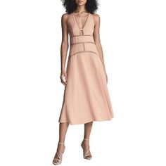 Manufacturer: Reiss Style Type: Midi Dress Collection: Reiss Sleeve Length: Sleeveless Material: 85% Viscose/15% Linen Fabric Type: Linen Specialty: Embroidered Sku: BH5927894 Size: 2.  Color: Pink.  Gender: female.  Age Group: adult. Reiss Women, Cream Midi Dress, Embroidered Patterns, Pink Dress Casual, Ribbed Sweater Dress, Embroidered Midi Dress, Fashion Organization, Sandal Heels, Midi Sheath Dress