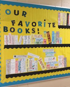 a bulletin board with books on it that says our favorite books and is decorated in bright colors