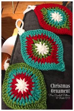 three crocheted christmas ornaments are sitting on a table with the words, christmas ornament