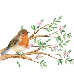 a watercolor painting of a bird sitting on a branch with pink flowers and green leaves