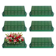 six green trays with flowers and greenery in them