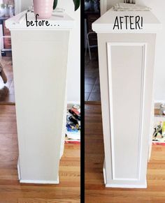 before and after photos of a white pedestal with flowers on top, in front of a mirror