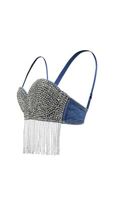 A fun, sassy top for young trendsetters! Blue denim crop top adorned with playful rhinestone tassels. Perfect for adding a bit of sparkle to your wardrobe! Gentle Dry Clean Only Colour may vary due to lighting on images. The product images (without model) are closest to the true colour of the product.Item runs true to size chart and is cut to suit our size chart. Please refer to our size chart for the best fit. Do not size up or down. Prom Dress For Teens, New Look Dresses, Satin Corset Dress, Green Tulle, Plus Size Corset, Denim Crop Top, Trendy Denim, Linen Mini Dress, Rhinestone Dress