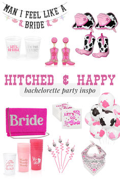 a bunch of pink and black items for a bachelor's bridal party with the words, hitched & happy bachelorette party inspo