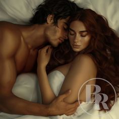 a man and woman laying in bed with each other's arms around their backs