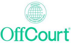 the off court logo is shown on a white background with green letters and an earth globe