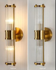 two pictures of the same wall light in different stages of being changed from gold to clear