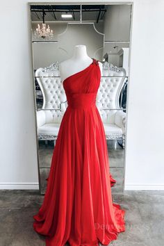 Red one shoulder long prom dress red evening dress Red Prom Dress Long, Prom Dress Red, Red Prom Dresses, Red Chiffon, Red Evening Dress, Backless Prom Dresses, Custom Size Dresses, فستان سهرة, Red Prom