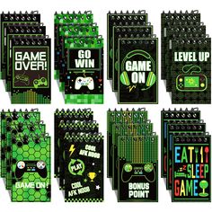 a set of six notebooks with game on stickers and games to win them