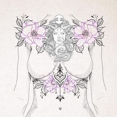 a drawing of a woman with flowers on her chest