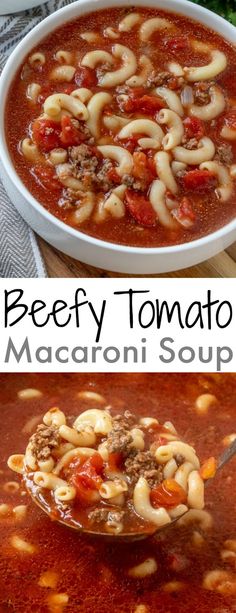 beefy tomato macaroni soup in a white bowl