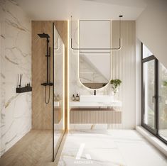 a bathroom with marble floors and walls