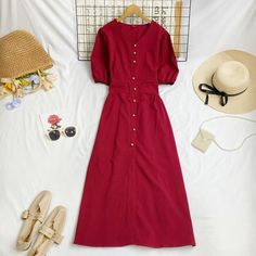 Elbow-Sleeve V-Neck Plain Button Midi A-Line Dress - Wine Elbow Sleeve, New Instagram, Kawaii Fashion, Wine Red, A Line Dress, Dress Shoes, Sleeve Length, V Neck, Red