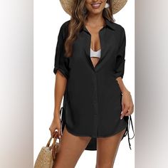 Black Bathing Suit Cover Up For Women Swimsuit Coverup Button Down Shirt M/L Fitted Beach Shirt With Buttons, Fitted Button Shirt For Beach, Black Long Sleeve Shirt For The Beach, Black Collared Summer Shirt, Black Collared Shirt For Summer, Black Summer Shirt With Buttons, Black Collared Shirt For Beach Season, Black Collared Summer Top, Summer Black Shirt With Buttons