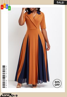 Brick Red Patchwork Half Sleeve Lapel Maxi Dress Elegant Orange Short Sleeve Midi Dress, Elegant Orange Midi Dress With Short Sleeves, Elegant Orange Short Sleeve Dress, Orange Midi Length Dress For Work, Fitted Orange Midi Dress For Work, Orange V-neck Midi Dress For Work, Orange Fitted Dresses For Workwear, Fitted Orange Dress For Workwear, Orange Fitted Dresses For Work