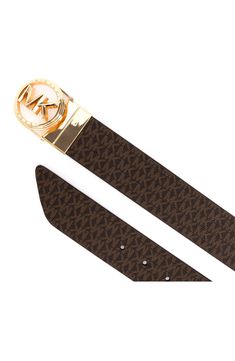 Logo detailing gives an iconic side to this reversible leather belt. Leather Imported Leather Belt With Gold-tone Logo For Business, Designer Leather Belt With Logo Strap, Leather Business Belt With Metal Logo, Michael Kors Belt, Brown Luxury Formal Belt, Modern Leather Belt Buckles With Gold-tone Logo, Luxury Fitted Brown Belts, Designer Brown Belt With Metal Logo, Luxury Leather Belt With Logo Strap