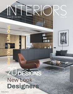 the cover of interior design magazine features an image of a living room and kitchen area