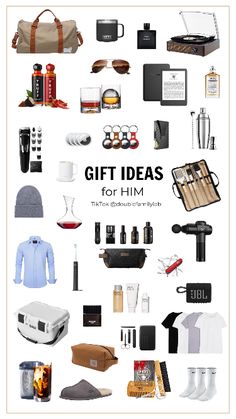 the gift ideas for him poster is shown in white and has various items on it