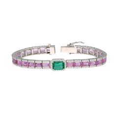 18k Gold Emerald Diamond Bracelet, White Gold Diamond Pink Sapphire Bangle Bracelet, Solid Gold Women Bracelet For Wedding Anniversary Gift STONE DETAILS : ❋ Stone : Emerald, Pink Sapphire & Diamond  ❋ Stone Size : 3x5 MM / 6x8 MM Approx. (± 0.20 MM) ❋ Stone Shape : Octagon Cut ❋ Stone Color : As Shown In Picture ❋ Stone Weight : 10.97 Cts. Approx. ❋ Stone Type : Natural ❋ Diamond Weight : 1.53 Cts. Approx. ❋ Diamond Quality : FG-SI ❋ Diamond Type : Natural METAL DETAILS : ❋ Metal Purity : Solid Gold Women Bracelet, Bracelet For Wedding, Sapphire Bangle, Bracelet White Gold, White Gold Bracelet, Women Bracelet, Wedding Jewelry Bracelets, Wedding Anniversary Gift, Handmade Fashion