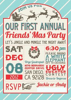 a poster for the first annual friend's mas party, featuring santa and sleigh