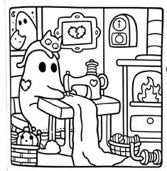 a black and white drawing of a cartoon character sitting in front of a fire place