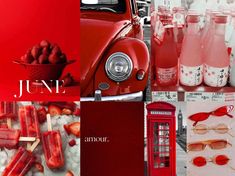 a collage of photos with red and white items in them, including strawberries