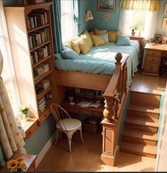 a bedroom with stairs leading up to the bed