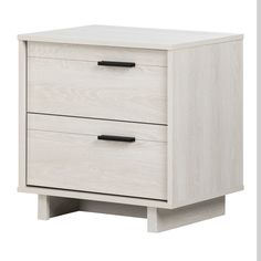 a white wooden nightstand with two drawers and one drawer open on the bottom, against a white background