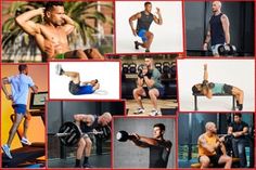 a collage of photos showing men doing different exercises and bodybuildings in various poses