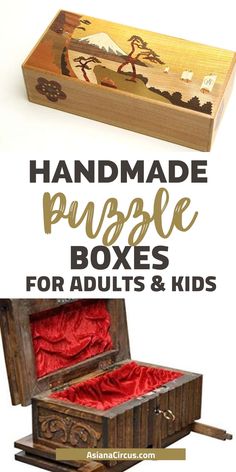 an open wooden box with the words handmade puzzle boxes for adults and kids